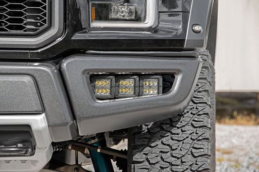 Rough Country LED Light Kit | Fog Mount | Triple 2" Black Pair | White DRL | Ford Raptor (17-20)